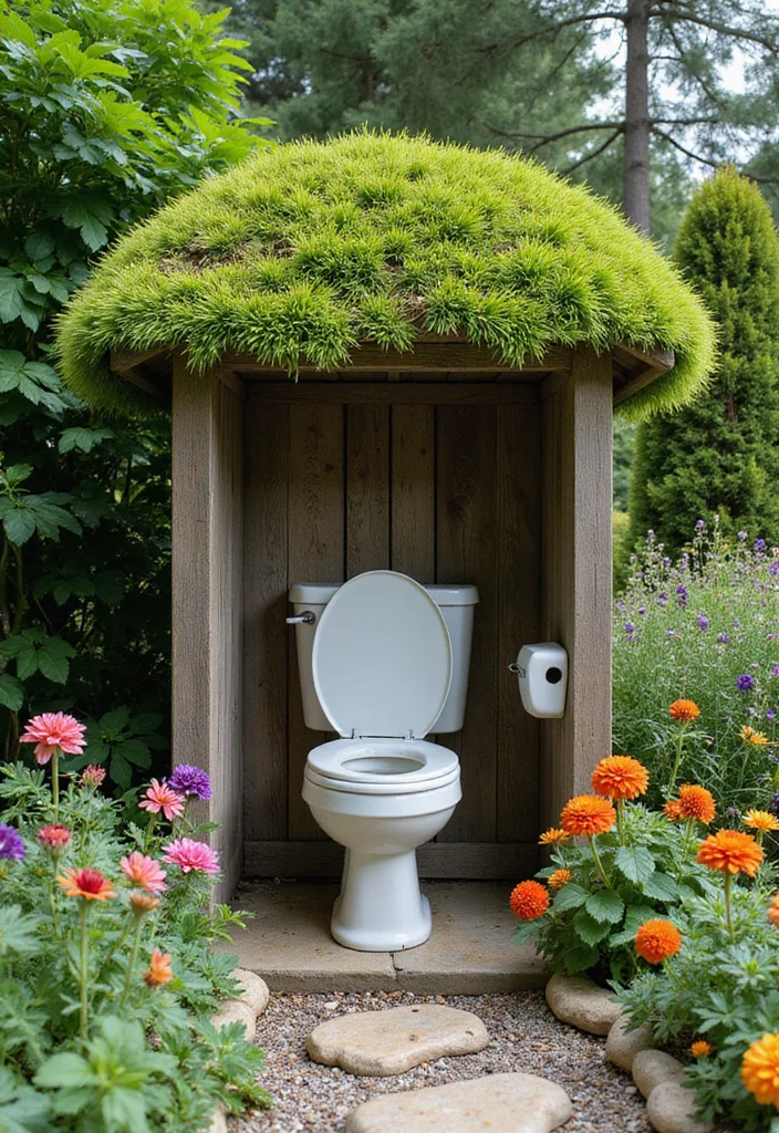 10 Backyard Toilet Ideas for Practical Outdoor Use - 2. Garden Oasis with a Green Roof
