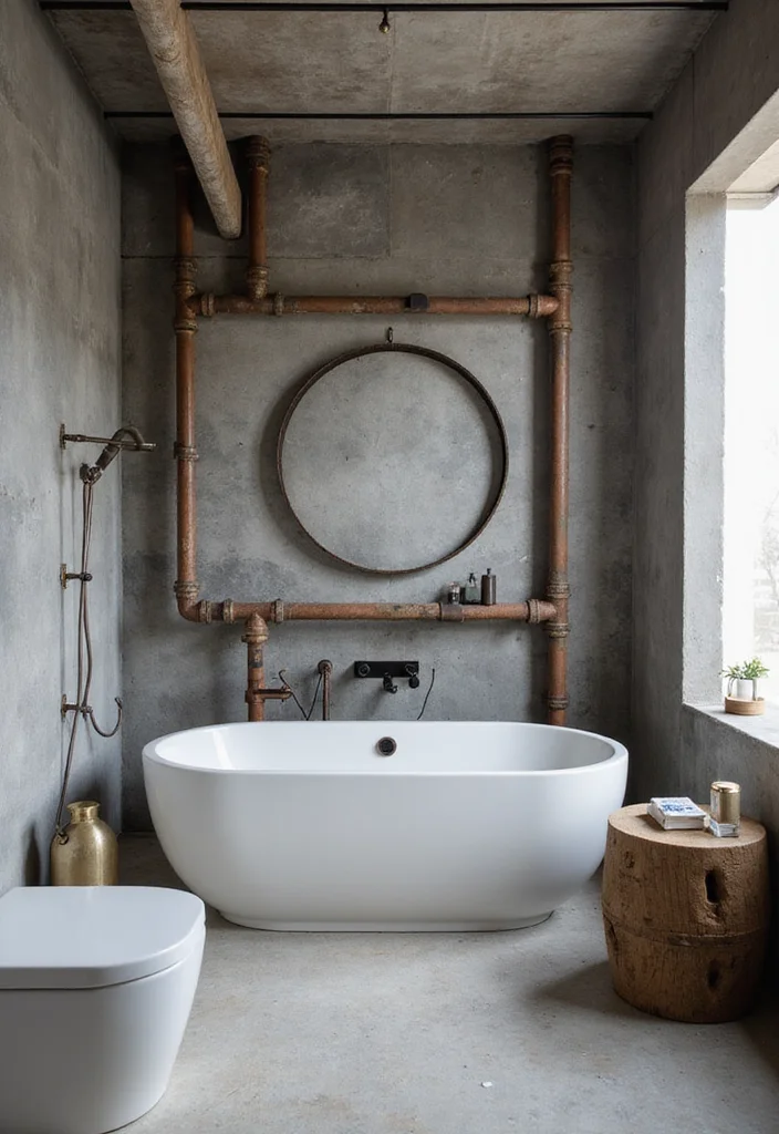 10 Bathroom Half Wall Ideas for Style and Subtle Privacy - 7. Industrial Half Wall with Pipes
