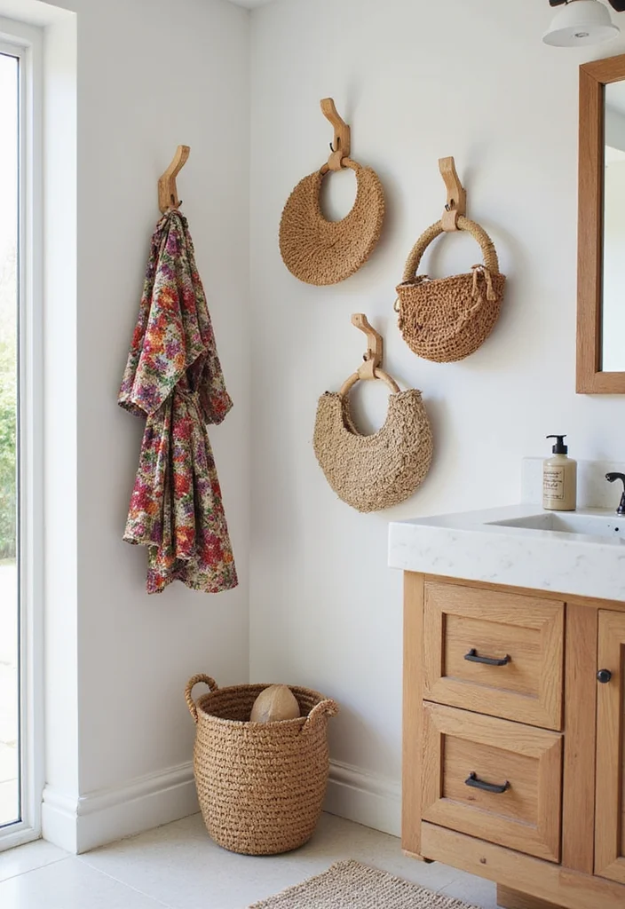 10 Bathroom Hooks Ideas for Easy Everyday Organization - 2. Woven Natural Fiber Hooks