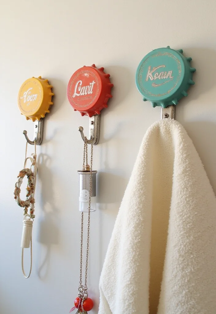 10 Bathroom Hooks Ideas for Easy Everyday Organization - 6. Upcycled Bottle Cap Hooks