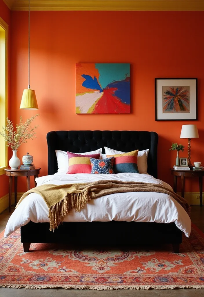 10 Black Bed Bedroom Ideas for Strong Modern Contrast - 2. Bold Color Contrast