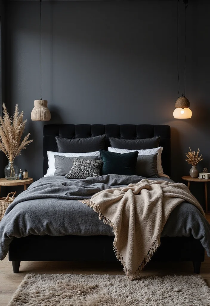 10 Black Bed Bedroom Ideas for Strong Modern Contrast - 7. Layering Textures