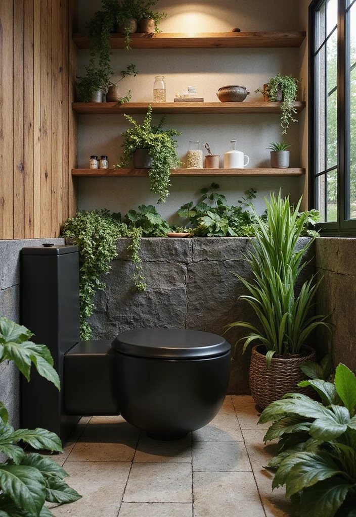 10 Black Toilet Bathroom Ideas for Sleek Dramatic Style - 8. Nature-Inspired Oasis