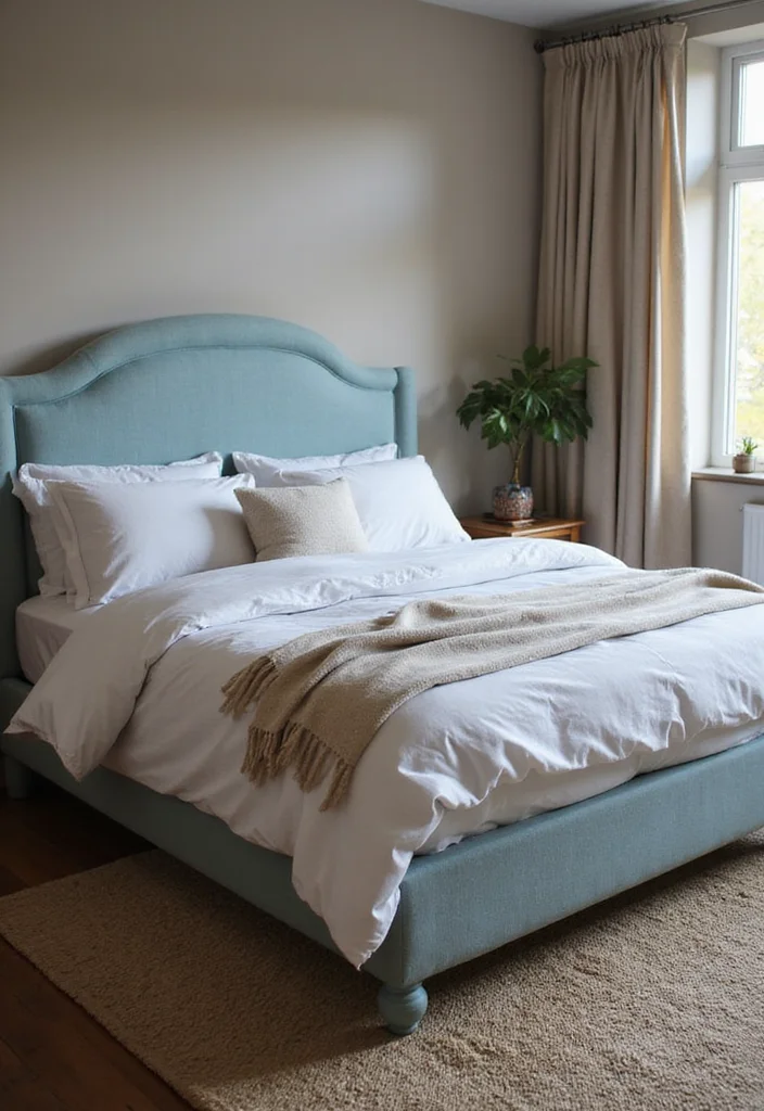 10 Blue Bed Frame Bedroom Ideas for Fresh Colorful Focus - 10. Soft Comfort: Muted Blue Frame