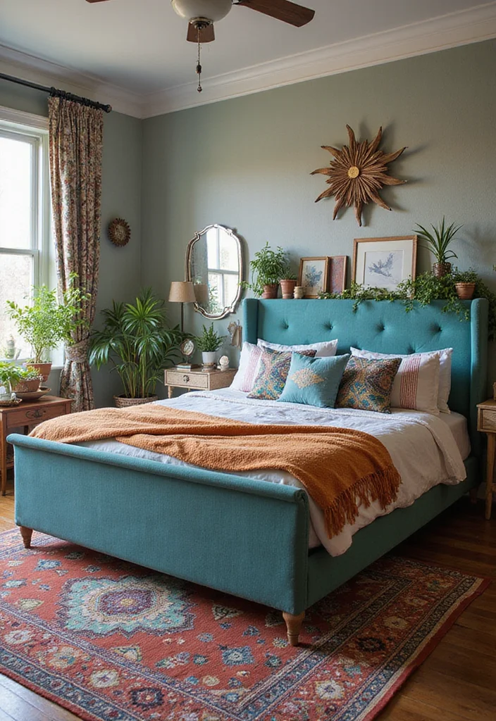 10 Blue Bed Frame Bedroom Ideas for Fresh Colorful Focus - 3. Boho Vibes: Teal Bed Frame