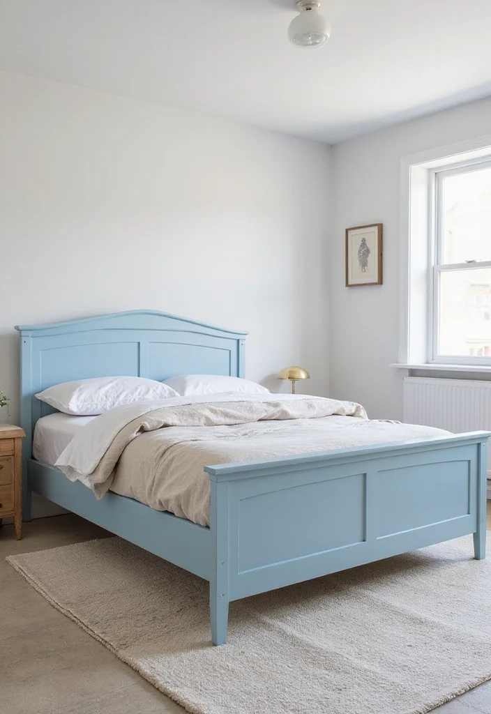 10 Blue Bed Frame Bedroom Ideas for Fresh Colorful Focus - 4. Minimalist Elegance: Light Blue Frame