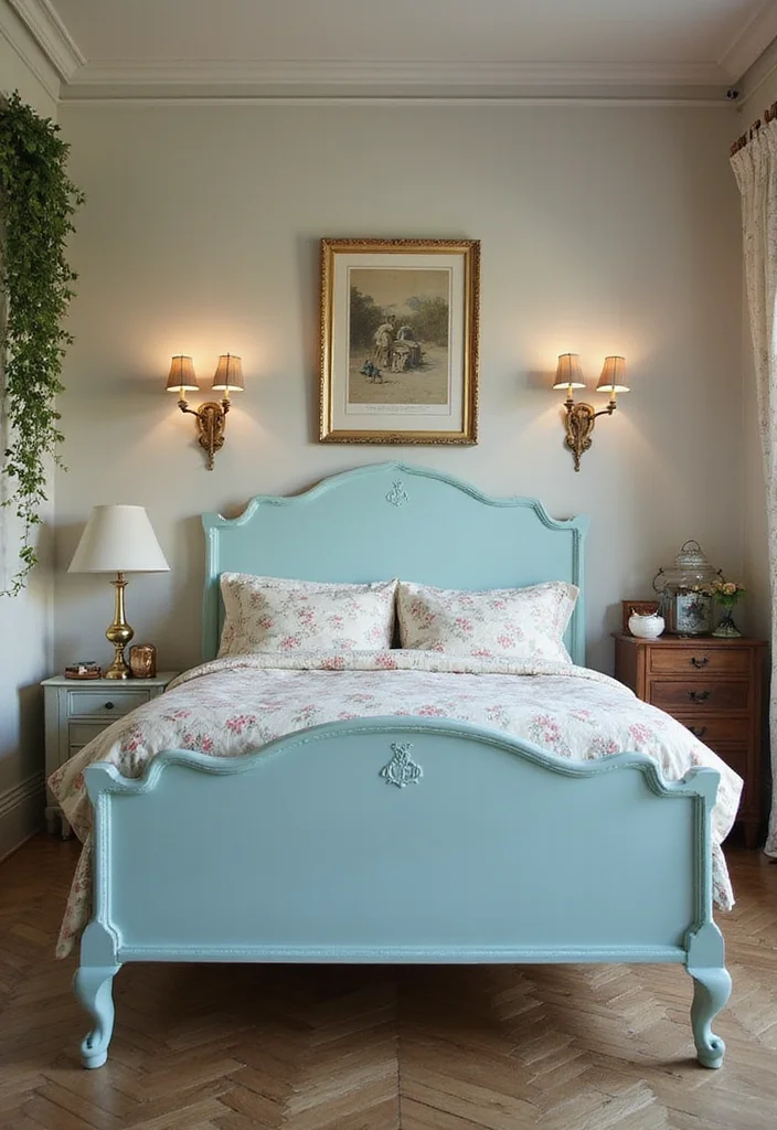 10 Blue Bed Frame Bedroom Ideas for Fresh Colorful Focus - 5. Vintage Charm: Powder Blue Frame