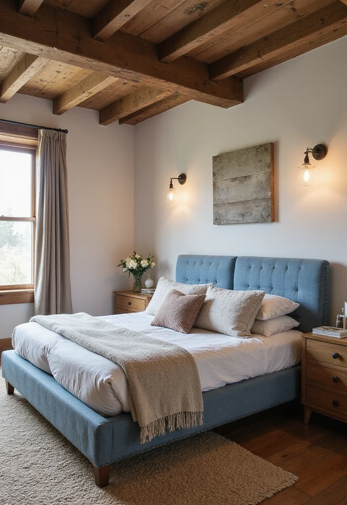 10 Blue Bed Frame Bedroom Ideas for Fresh Colorful Focus - 8. Rustic Retreat: Denim Blue Frame