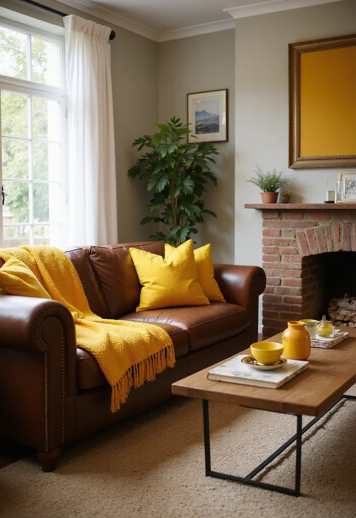 10 Brown and Yellow Living Room Ideas for Bright Warm Contrast - 1. Earthy Brown Furniture with Bright Yellow Accents