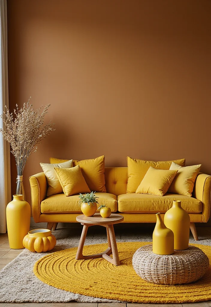 10 Brown and Yellow Living Room Ideas for Bright Warm Contrast - 10. Accessories That Pop