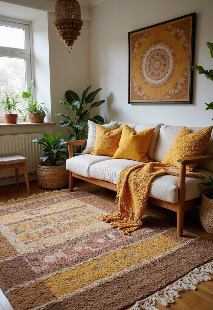 10 Brown and Yellow Living Room Ideas for Bright Warm Contrast - 2. Bohemian Rugs That Tie It All Together