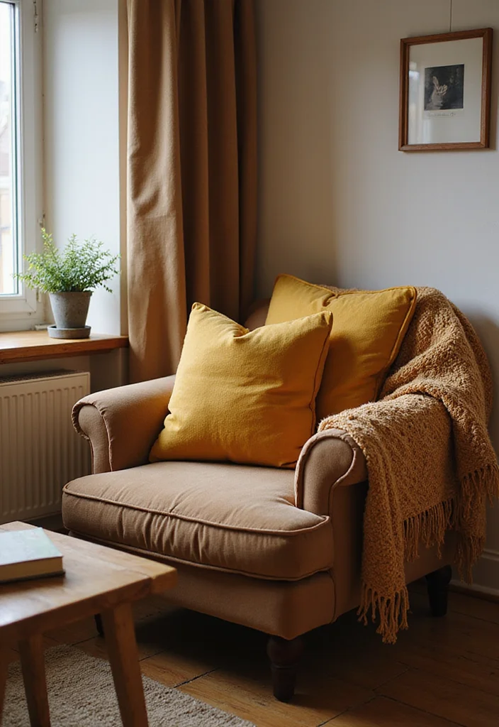 10 Brown and Yellow Living Room Ideas for Bright Warm Contrast - 4. Soft Textiles for a Cozy Feel