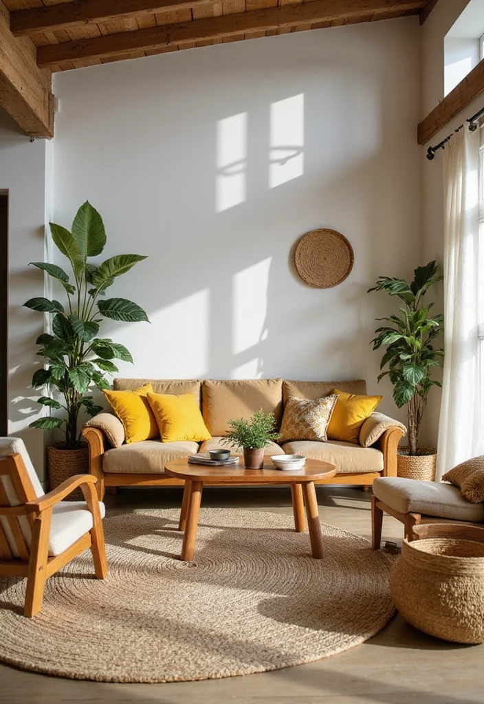10 Brown and Yellow Living Room Ideas for Bright Warm Contrast - 5. Natural Elements to Emphasize Warmth