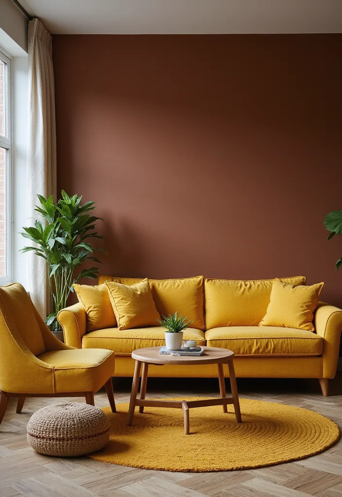 10 Brown and Yellow Living Room Ideas for Bright Warm Contrast - 7. Accent Walls for a Bold Statement