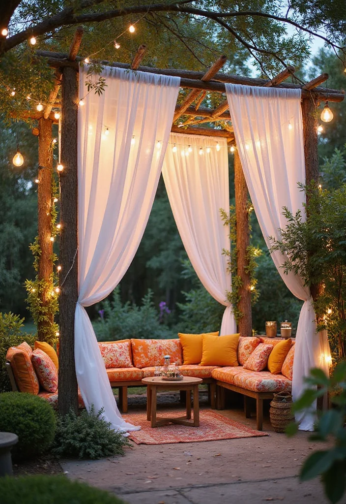 10 DIY Backyard Canopy Ideas for Shaded Cozy Seating - 1. Draped Fabric Canopy