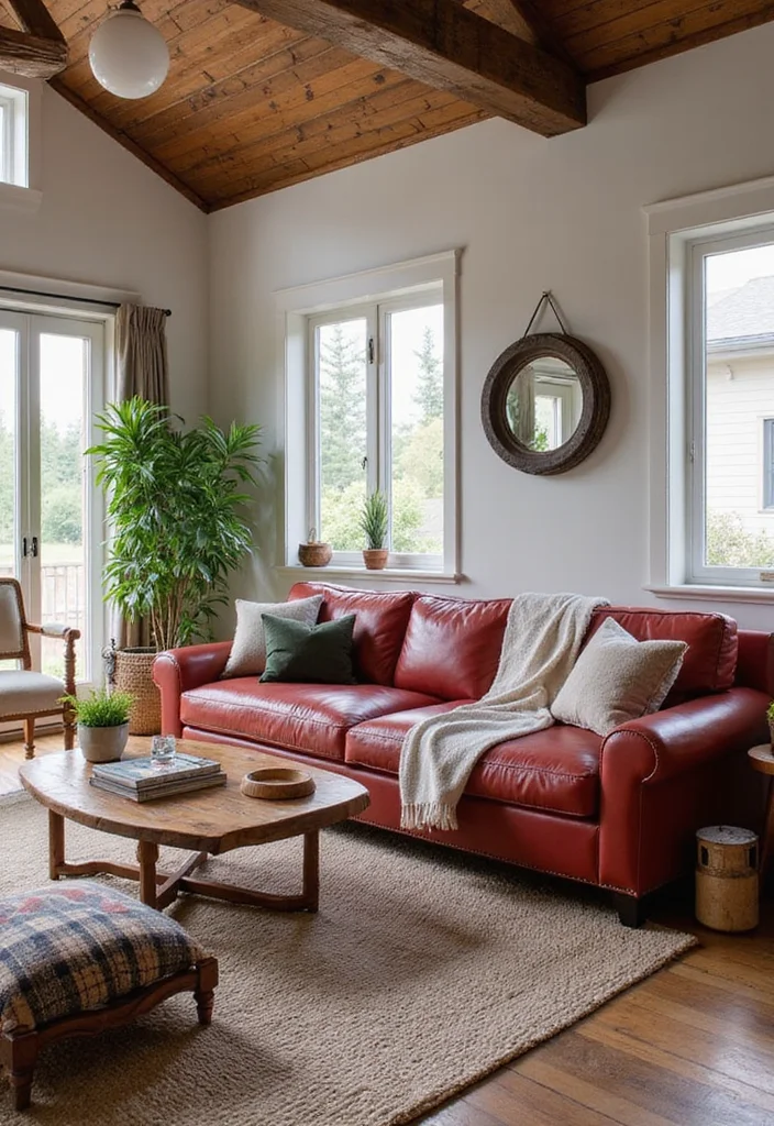 10 Red Leather Sofa Living Room Ideas for Bold Modern Drama - 10. Modern Farmhouse Charm