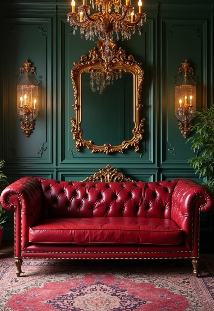 10 Red Leather Sofa Living Room Ideas for Bold Modern Drama - 2. Glamorous Vintage Fusion