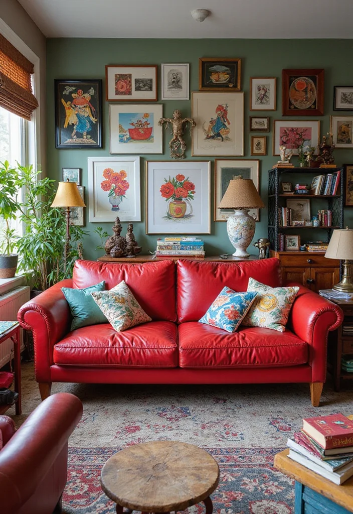10 Red Leather Sofa Living Room Ideas for Bold Modern Drama - 3. Bold Eclectic Wonderland