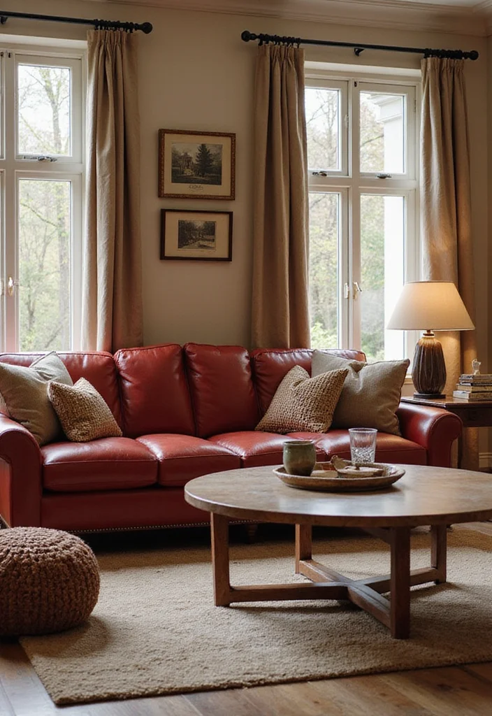 10 Red Leather Sofa Living Room Ideas for Bold Modern Drama - 5. Cozy Neutral Retreat