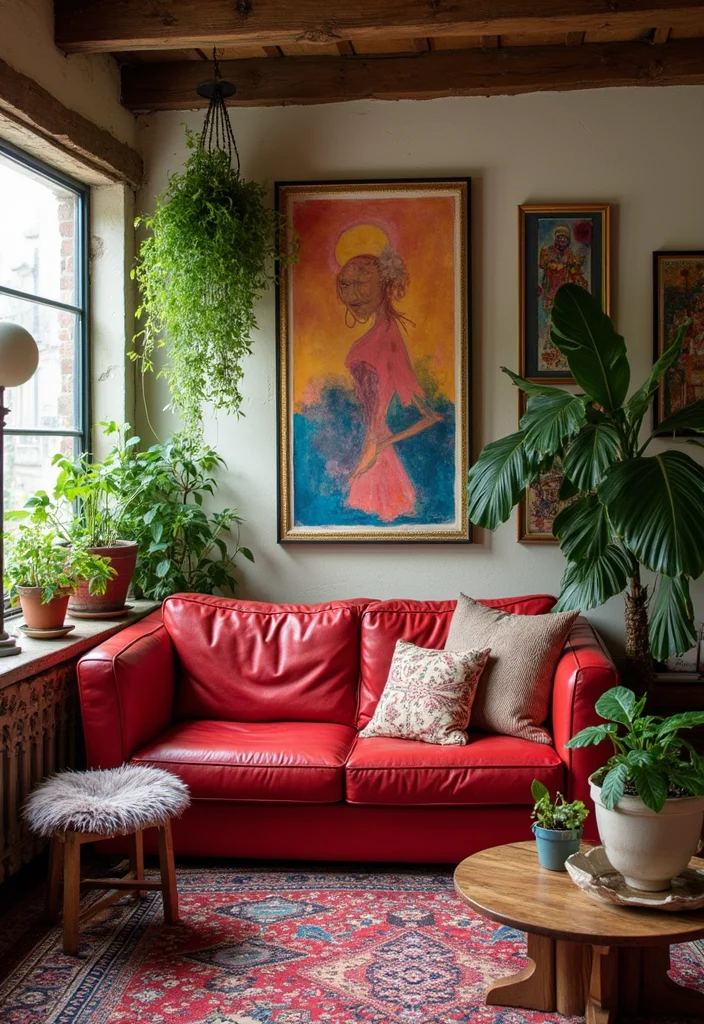 10 Red Leather Sofa Living Room Ideas for Bold Modern Drama - 6. Artistic Bohemian Vibes