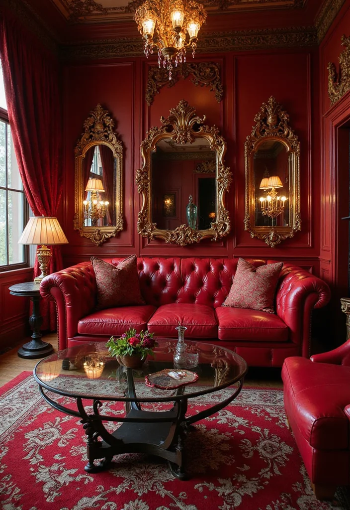 10 Red Leather Sofa Living Room Ideas for Bold Modern Drama - 8. Classic Hollywood Glam