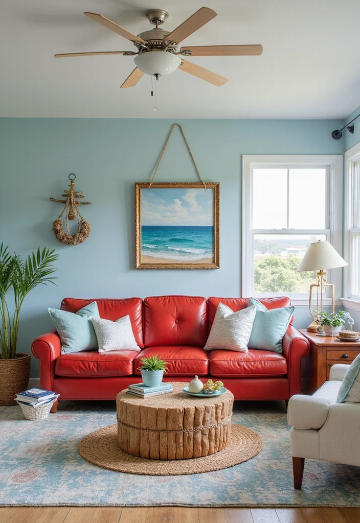 10 Red Leather Sofa Living Room Ideas for Bold Modern Drama - 9. Vibrant Coastal Escape