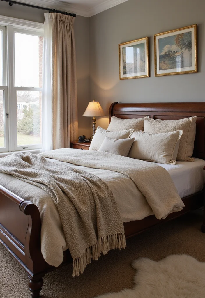 10 Sleigh Bed Bedroom Ideas for Classic Graceful Design - 6. Layered Textures for Cozy Depth
