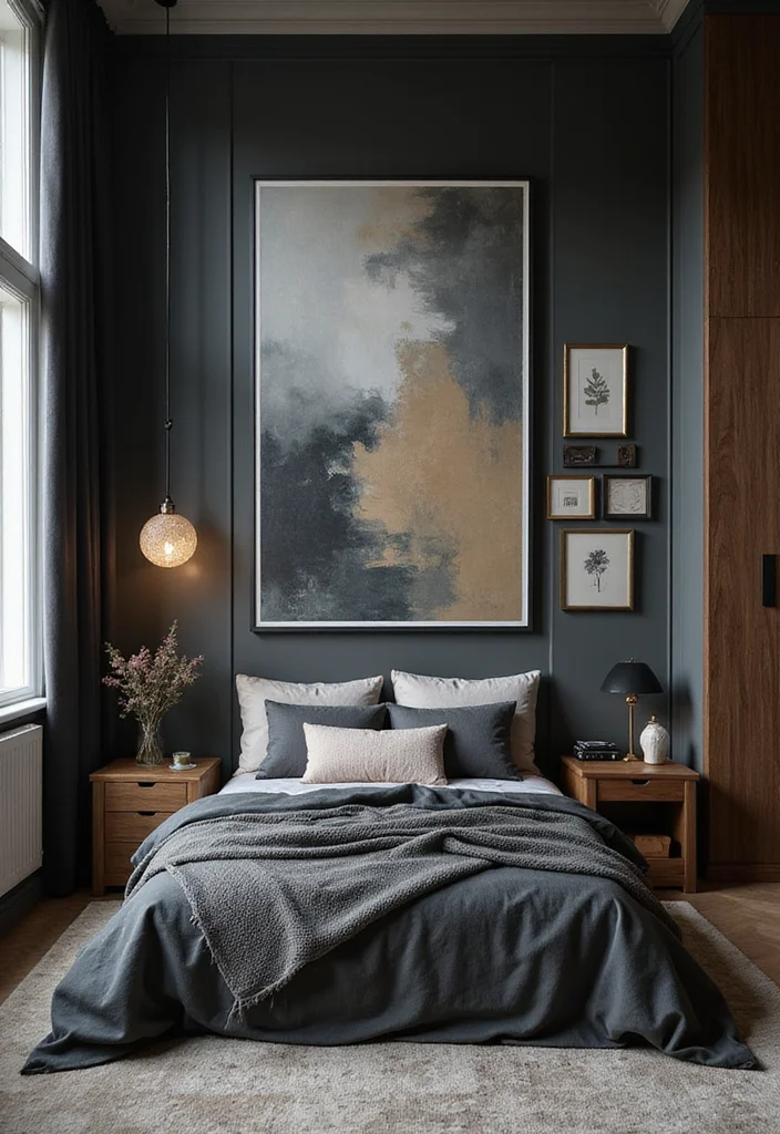 10 Small Dark Bedroom Ideas for Cozy Elevated Style - 5. Add Statement Art Pieces