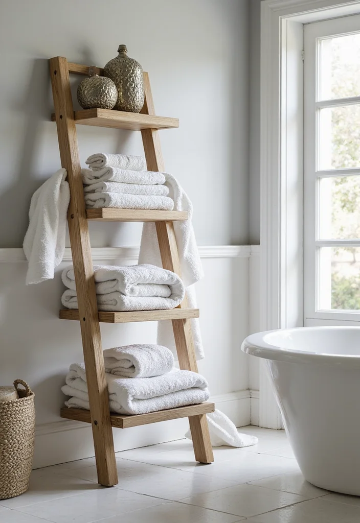 12 Bathroom Wall Cabinet Ideas for Extra Vertical Storage - 5. Ladder-Style Cabinets for a Unique Touch