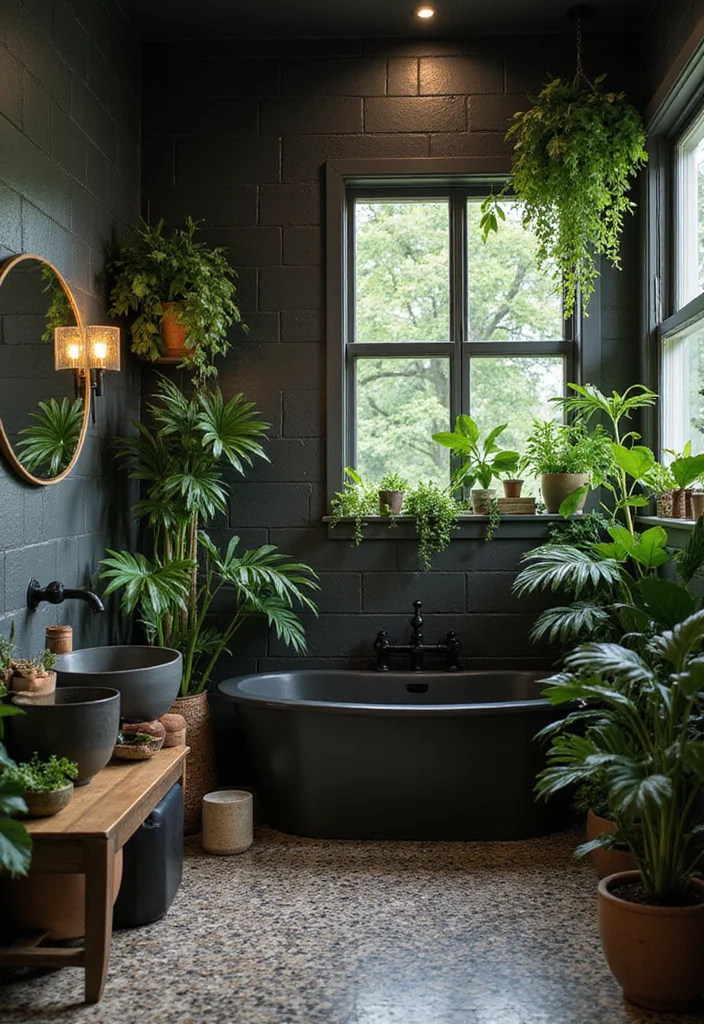 12 Black and Brown Bathroom Ideas for Warm Modern Contrast - 12. Greenery and Natural Elements