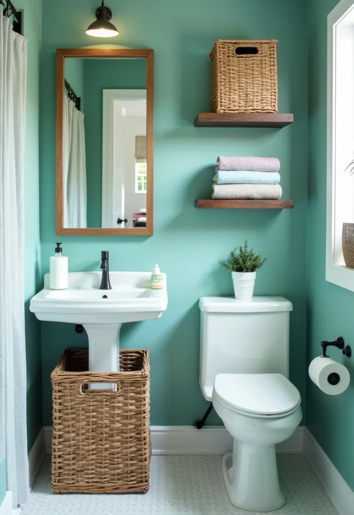 12 Blue Green Bathroom Ideas for Fresh Calm Color Mix - 11. Unique Storage Solutions