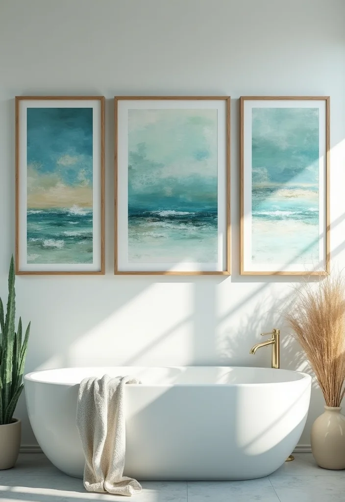 12 Blue Green Bathroom Ideas for Fresh Calm Color Mix - 4. Coastal Artwork