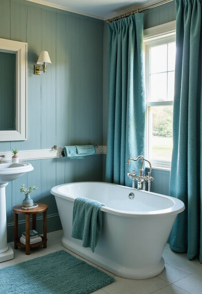 12 Blue Green Bathroom Ideas for Fresh Calm Color Mix - 5. Textured Fabrics