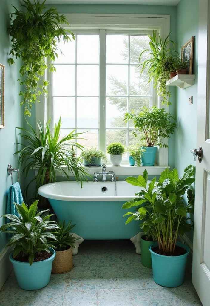 12 Blue Green Bathroom Ideas for Fresh Calm Color Mix - 8. Greenery Galore