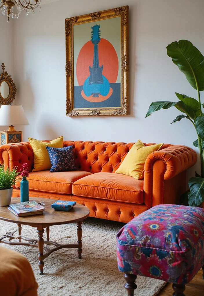 12 Chesterfield Sofa Living Room Ideas for Classic Elegant Style - 11. Vibrant Color Splash