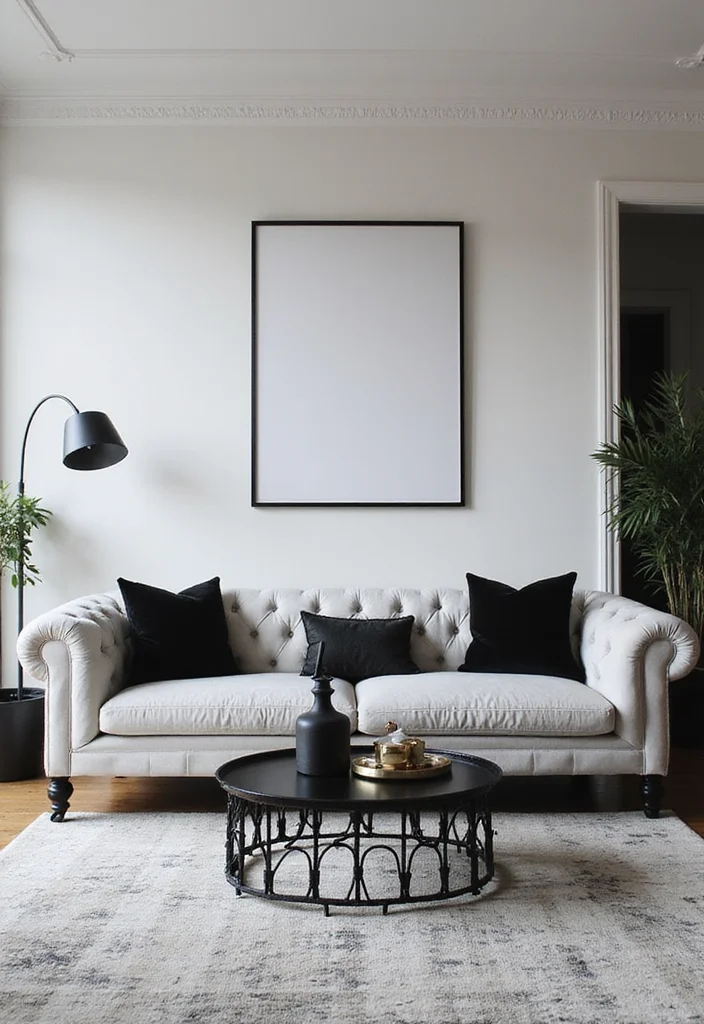 12 Chesterfield Sofa Living Room Ideas for Classic Elegant Style - 3. Elegant Monochrome Magic