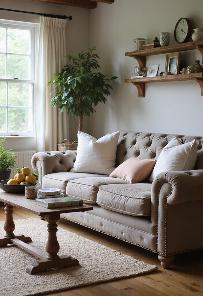 12 Chesterfield Sofa Living Room Ideas for Classic Elegant Style - 5. Cozy Farmhouse Charm