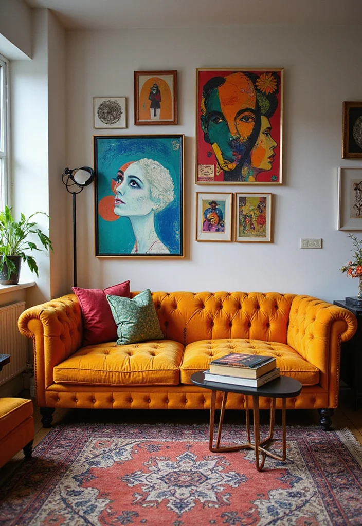 12 Chesterfield Sofa Living Room Ideas for Classic Elegant Style - 6. Artistic Statement Area