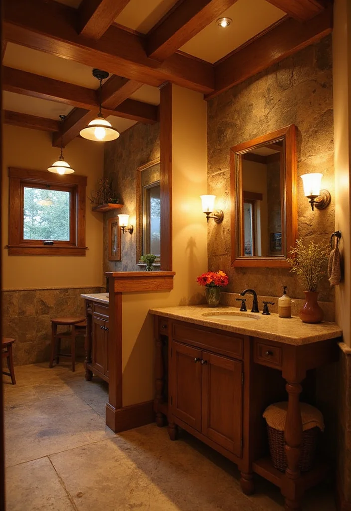 12 Craftsman Bathroom Ideas for Classic Woodwork Charm - 5. Warm Lighting Fixtures
