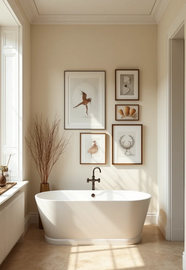 12 Cream Bathroom Ideas for Soft Timeless Warmth - 8. Elegant Wall Art