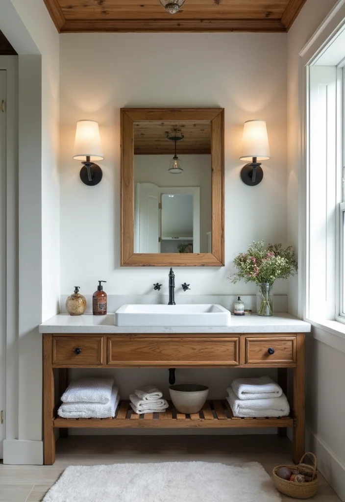 12 Farmhouse Bathroom Vanity Ideas for Rustic Functional Style - 11. Farmhouse Style with Modern Twists