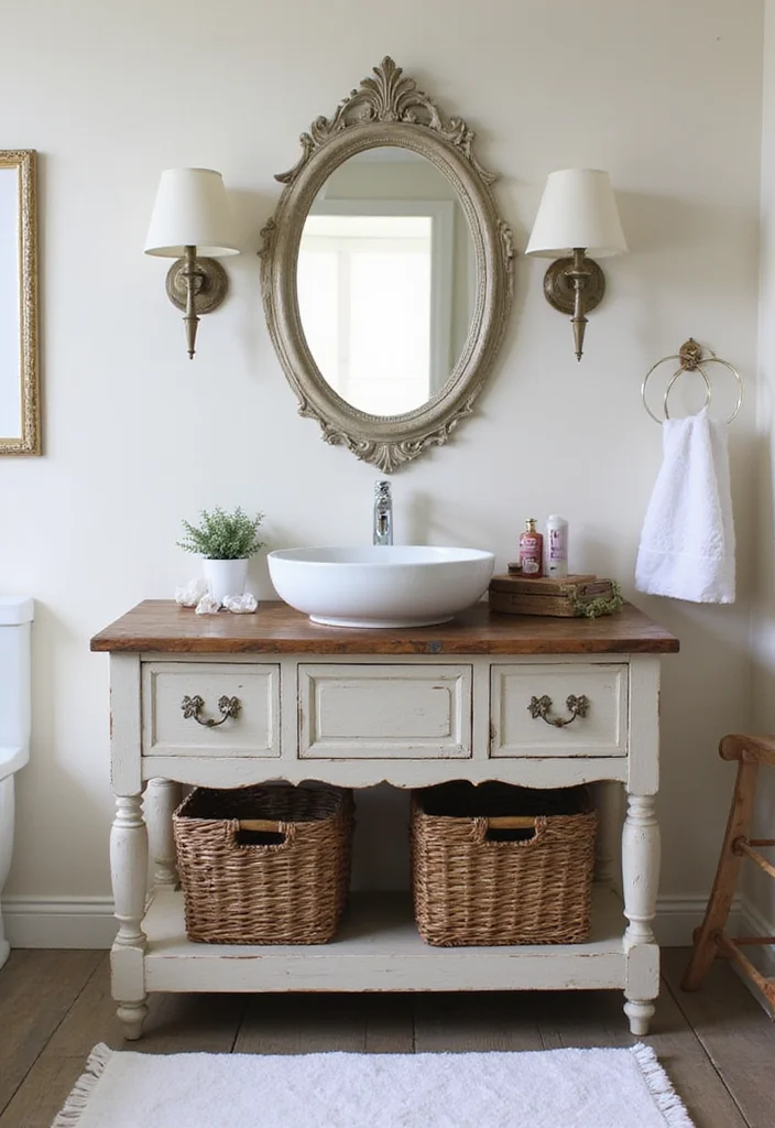 12 Farmhouse Bathroom Vanity Ideas for Rustic Functional Style - 2. Vintage Washstand Transformation