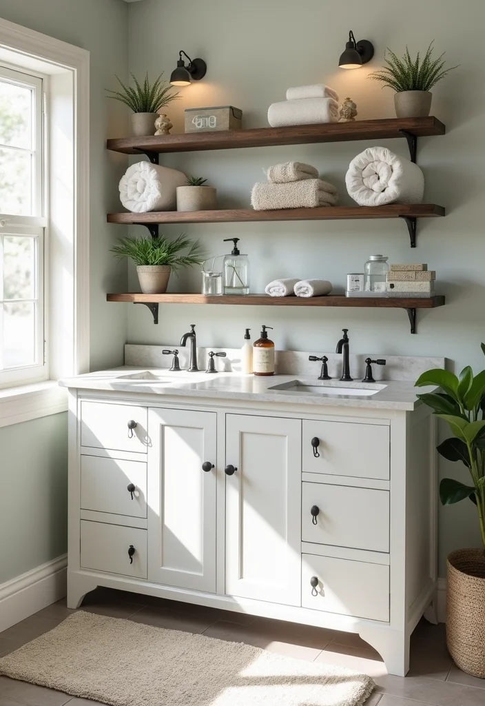 12 Farmhouse Bathroom Vanity Ideas for Rustic Functional Style - 4. Open Shelving Delight