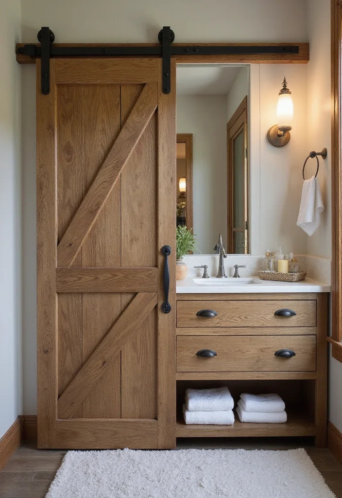 12 Farmhouse Bathroom Vanity Ideas for Rustic Functional Style - 6. Barn Door Charm