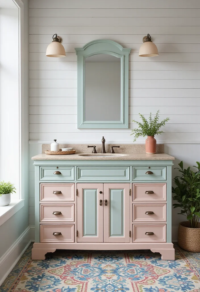 12 Farmhouse Bathroom Vanity Ideas for Rustic Functional Style - 8. Farmhouse Chic with Color