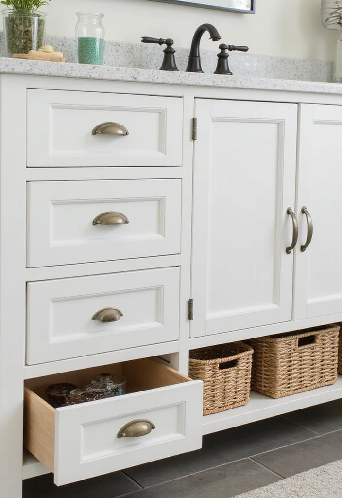 12 Farmhouse Bathroom Vanity Ideas for Rustic Functional Style - 9. Integrated Functional Storage