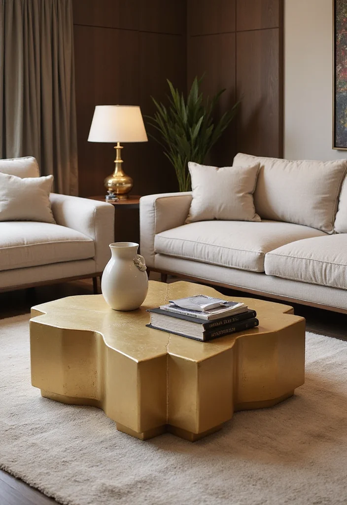 12 Gold Living Room Decor Ideas for Warm Stylish Accents - 1. Golden Geometric Coffee Table