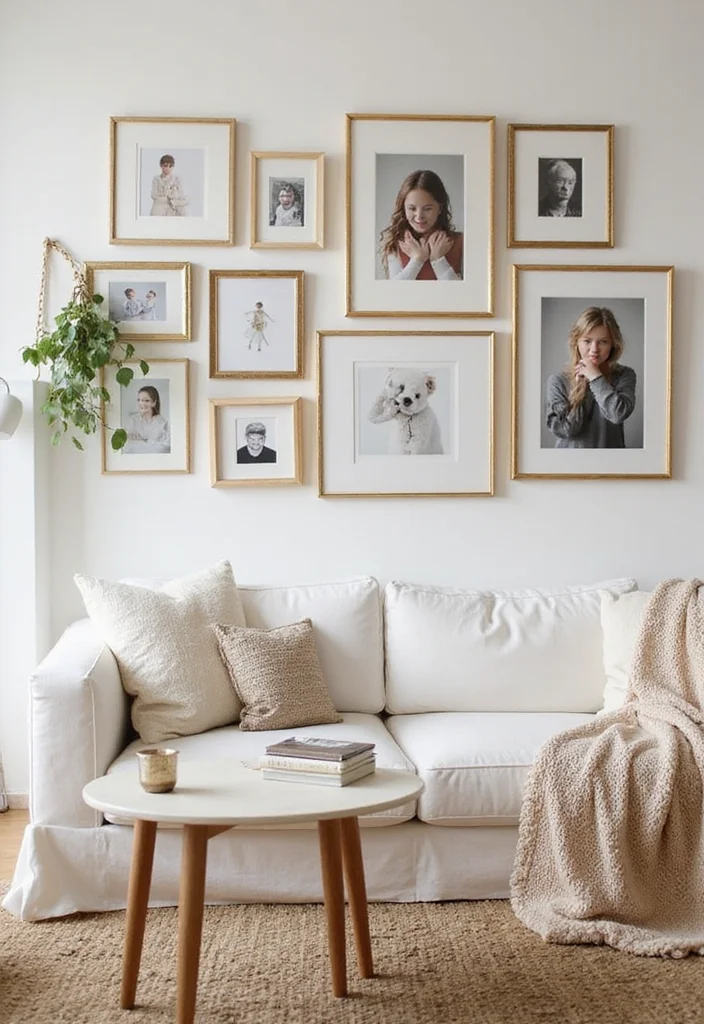 12 Gold Living Room Decor Ideas for Warm Stylish Accents - 10. Gold Framed Photos
