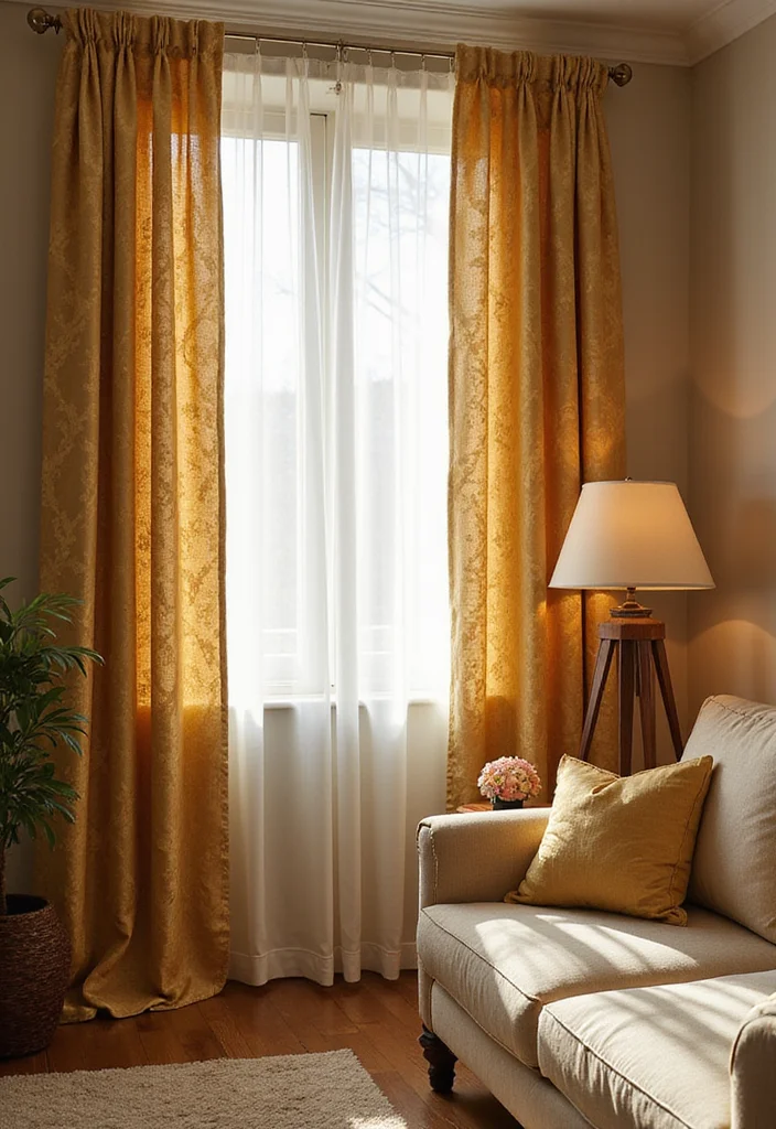 12 Gold Living Room Decor Ideas for Warm Stylish Accents - 12. Gold Curtains and Fabrics