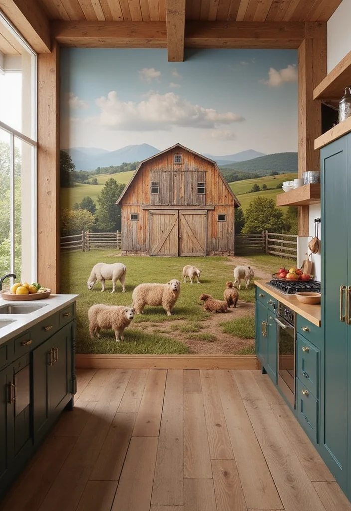 12 Kitchen Mural Ideas for Creative Statement Walls - 2. Rustic Farmhouse Charm